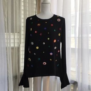 Milly Black Floral Beaded Silk Bell Sleeve‎
